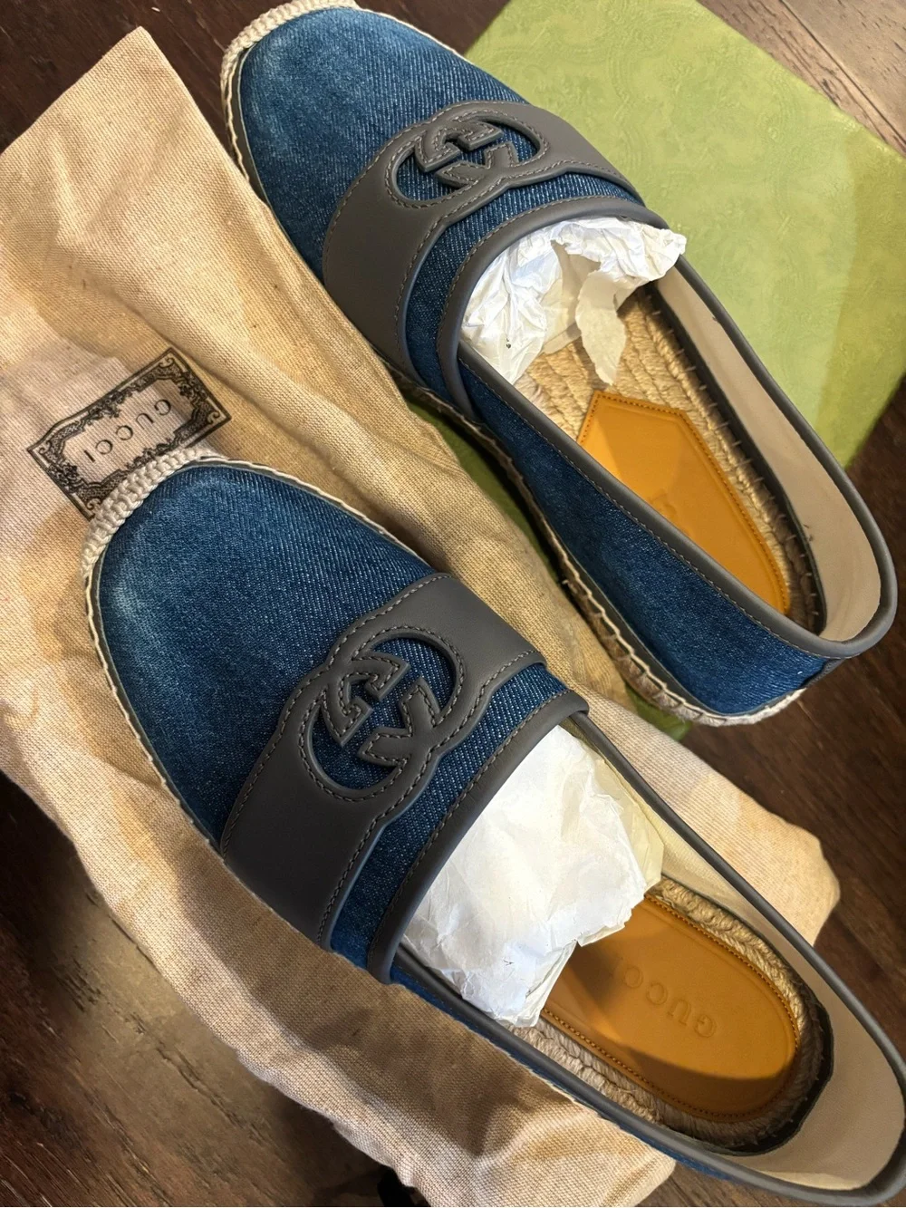 Gucci Denim & Gray Leather Espadrille Loafers